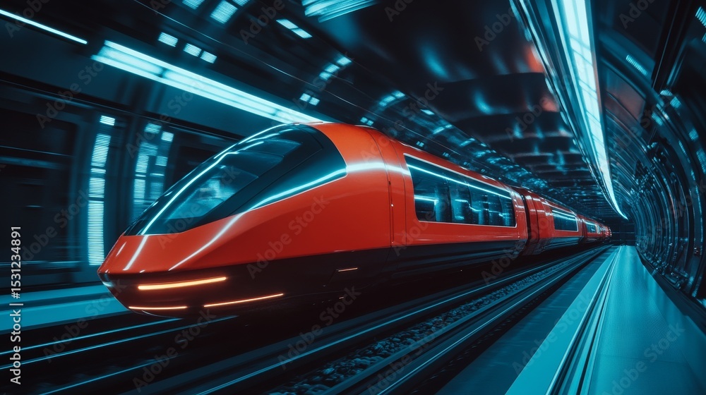 Fototapeta premium a futuristic levitating red train with blue lights