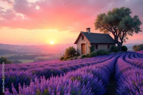 Idyllic lavender field cottage at sunset with a tranquil, peaceful and relaxing atmosphere.
