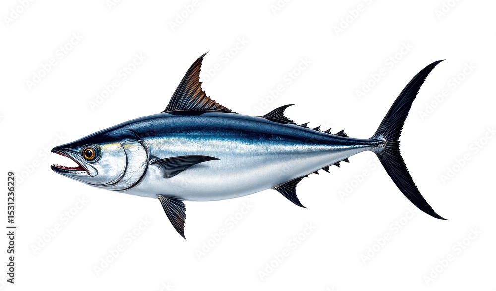 Obraz premium solo atlantic bluefin tuna fillet with fat lines on a white background, in a detailed style, with intricate lines, minimal shadow, bright light, high resolution
