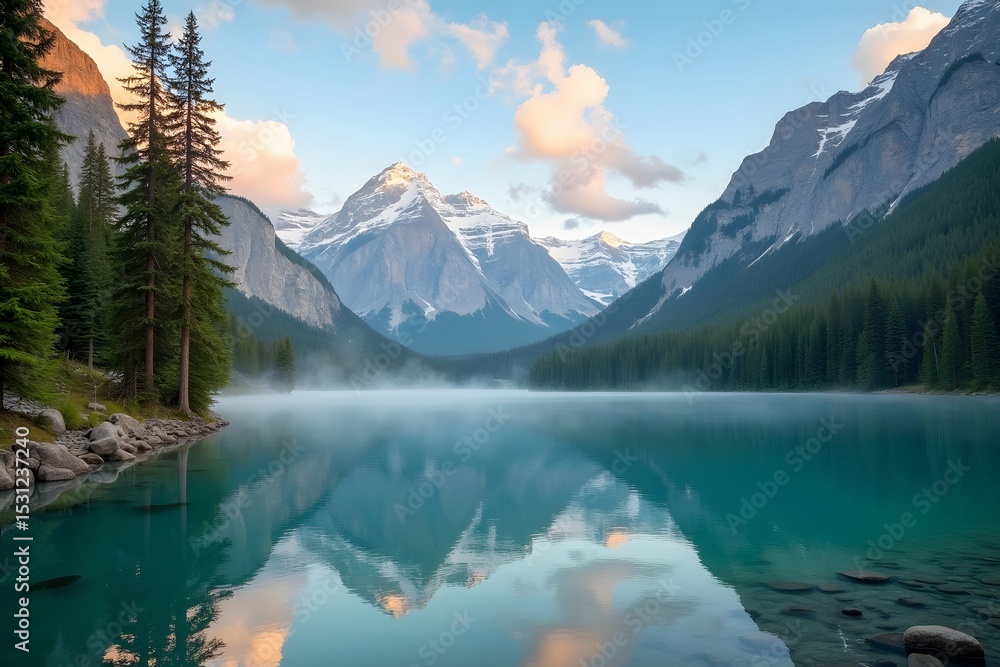 Naklejka premium Beautiful mountain lake landscape with reflections of majestic peaks and trees under a cloudy sky