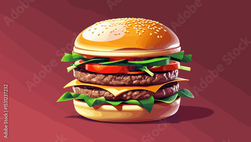 Delicious hamburger illustration with vibrant layers and fresh ingredients on a colorful background