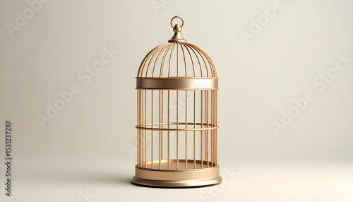 Empty Gold Metal Birdcage on White Background