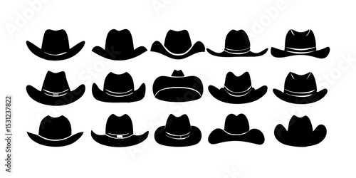 Collection of black and white vector fashion icons including hats, mustaches, and glasses for a retro hipster design set