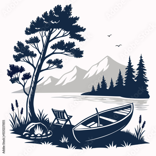 A tranquil fishing boat glides on the calm lake water, reflecting the summer sky and distant trees