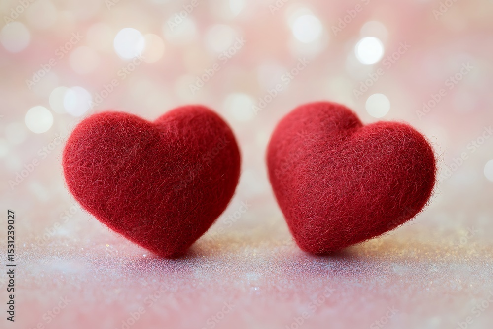 Obraz premium Two crimson felt hearts rest gently on a sparkling pink surface, bathed in soft romantic light