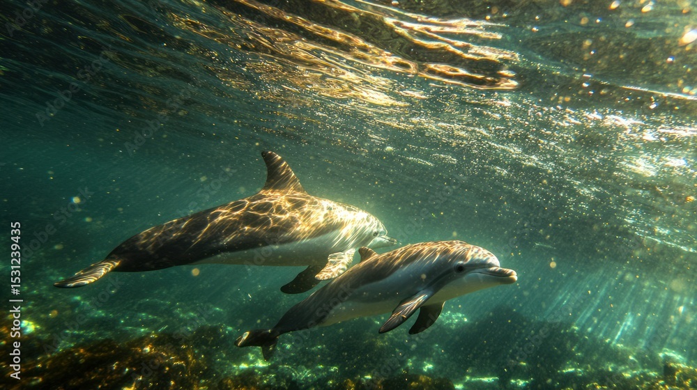 Obraz premium Sunlight Dapples Two Dolphins Swimming Underwater