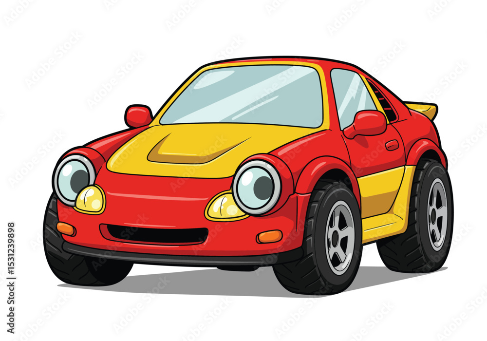 Red sports car with yellow stripes isolated on white background showcases a sleek design and powerful presence Red sports car with yellow stripes isolated on white background showcases a sleek design and powerful presence