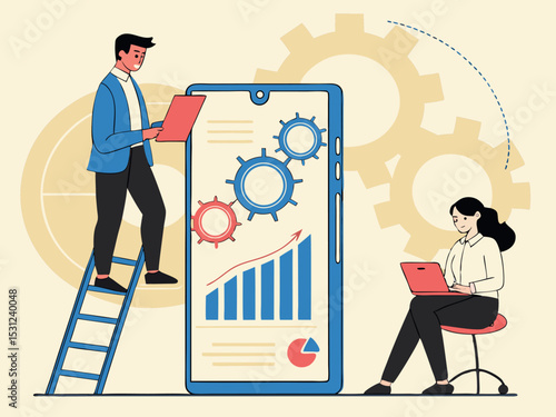 Business team working together to optimize strategy using mobile technology and gear mechanism illustration