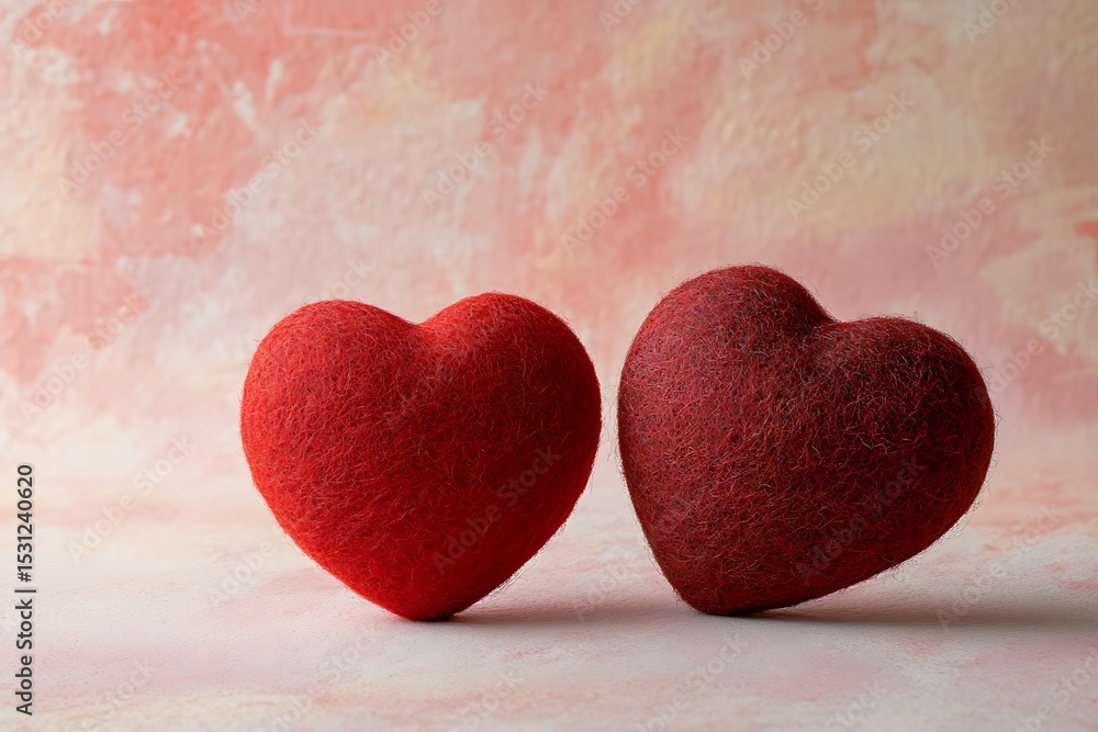 Obraz premium Two crimson felt hearts rest gently against a blush pink backdrop