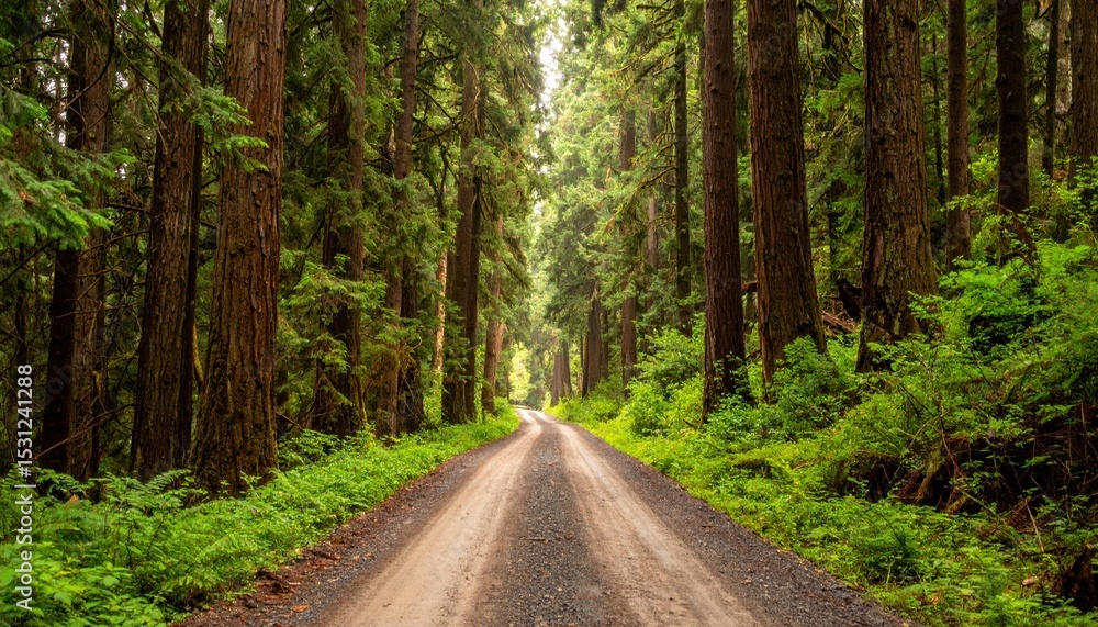 Fototapeta premium Forgotten Logging Road Disappearing Into Dense Forest Embracing Nature