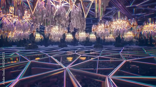 Low Poly Metaverse Nightclub: Mirror Fields and Pyramid Chandeliers in the Style of 