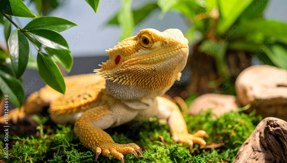 Fototapeta premium Bearded Dragon basking on mossy ground with green foliage background