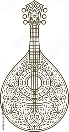 Mandolin , ornate Portuguese guitar line art vector illustration 
