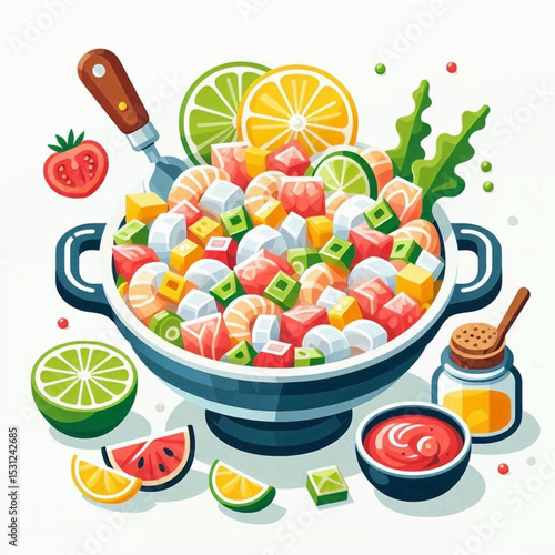 Seafood ceviche dish Diced fish shrimp and citrus mix in a bowl with sauces tomato and lime slices