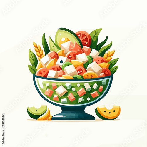 Stylized fruit salad in a glass bowl featuring diced fruits avocado and leafy decorations