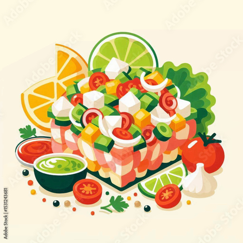 Stacked seafood salad with citrus greens sauces and garlic on a white background