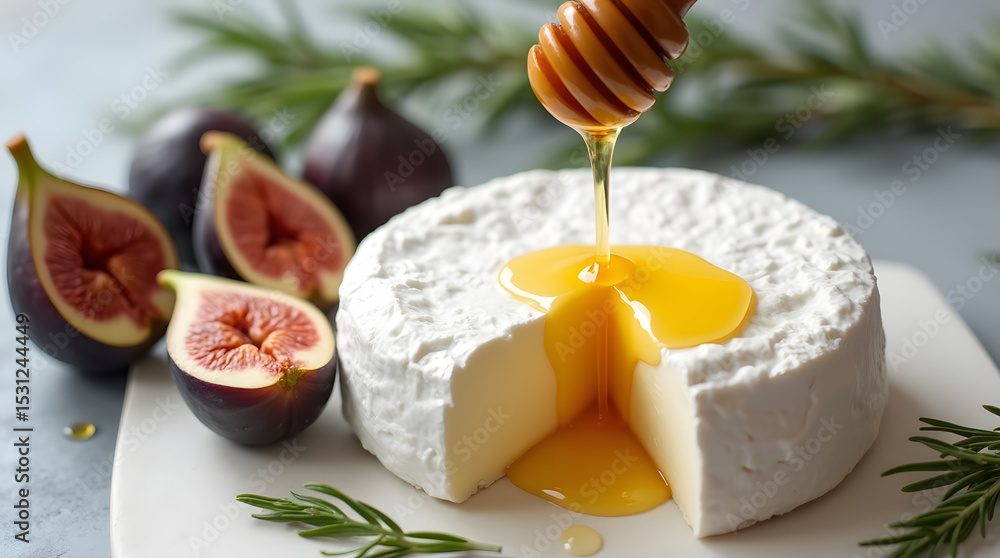 Fototapeta premium honey dripping down the cheese next to the figs