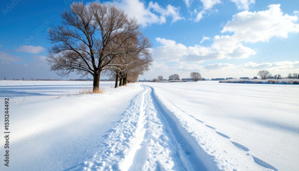 Obraz premium Serene Frozen River Pathway Through Vast Snow-Covered Landscape