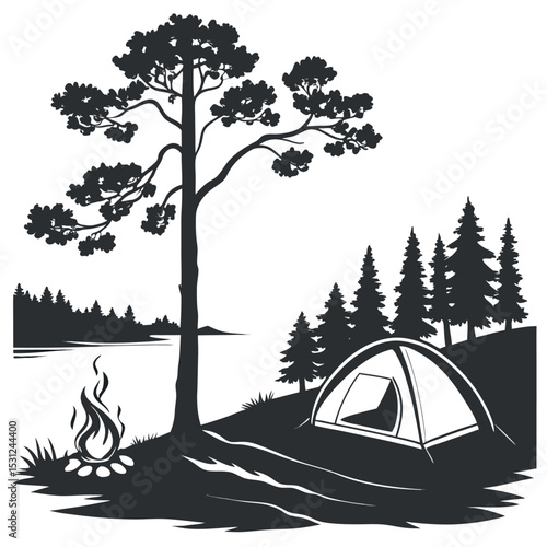 Starry Night Camping: A serene illustration depicts a cozy camping scene under a star-studded night sky, a tent and campfire nestled beneath trees, evoking tranquility and adventure.