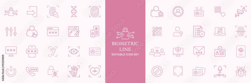 Biometric line icons set. Identity, acces, passport, id card, verification etc. Editable stroke Biometric line icons set. Identity, acces, passport, id card, verification etc. Editable stroke