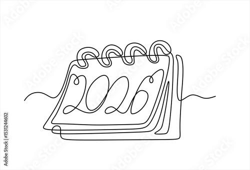 Loose-leaf calendar continuous line drawing. One line art of calendar 2026, memorable date, countdown, holiday, weekday and weekend. Hand drawn one line vector. Editable stroke	