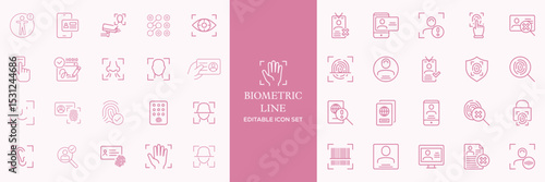 Biometric line icons set. Identity, acces, passport, id card, verification etc. Editable stroke