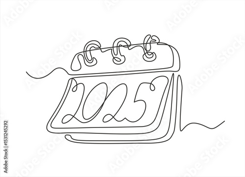 Loose-leaf calendar continuous line drawing. One line art of calendar 2025, memorable date, countdown, holiday, weekday and weekend. Hand drawn one line vector. Editable stroke	