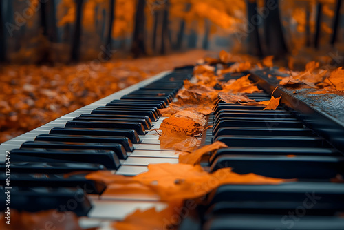 Autumn leaves rest on a piano keyboard in a forest.