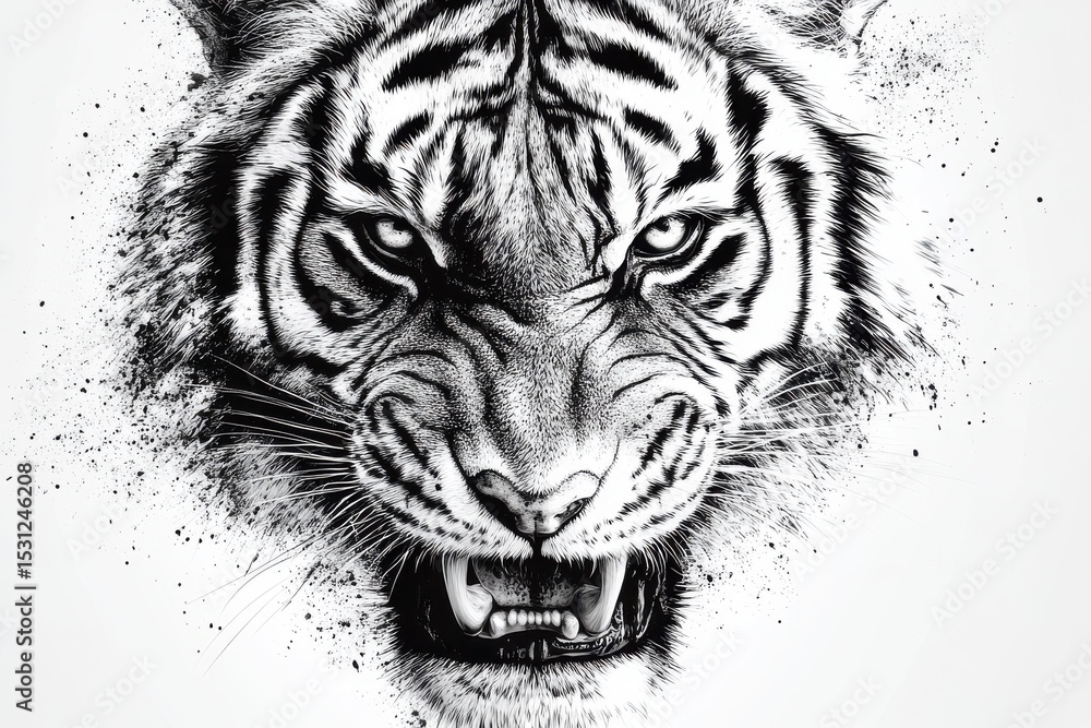 Aggressive tiger face drawing isolated on white background Aggressive tiger face drawing isolated on white background