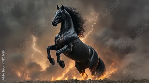 Majestic black horse rearing amidst stormy backdrop