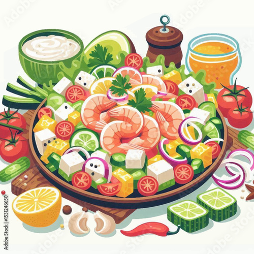 Vibrant shrimp salad bowl with fresh veggies cheese and citrus