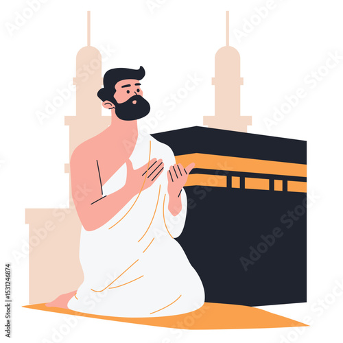 Illustration of an Hajj and Umrah Pray at the Kabaa Cartoon Character