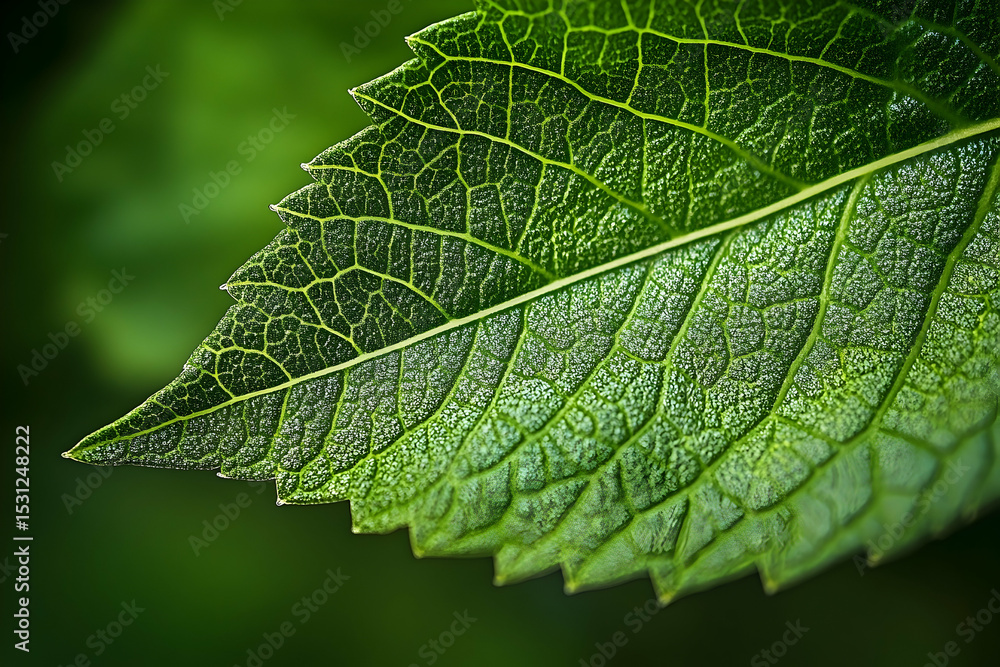 Close-up of a vibrant green leaf's intricate vein structure. Close-up of a vibrant green leaf's intricate vein structure.