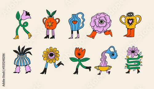 Playful surrealist flowers, houseplants and vases cartoon characters