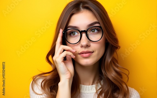 Close-up portrait of her she nice-looking attractive lovely wondered wavy-haired girl touching specs looking aside isolated over bright vivid shine vibrant yellow color background. High quality