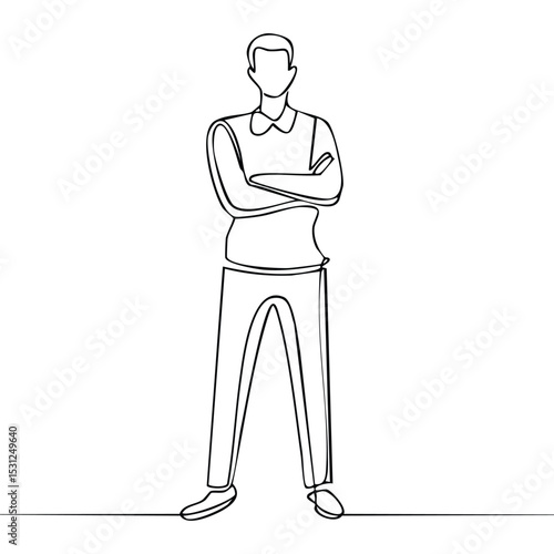 Minimalist one-line drawing of a man standing with arms crossed, confident posture, continuos