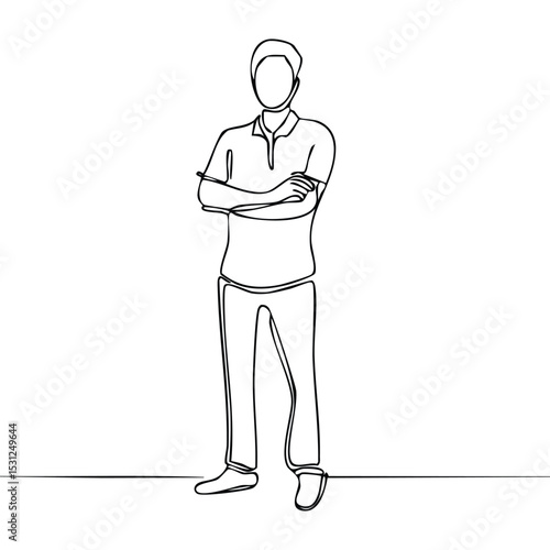 Minimalist one-line drawing of a man standing with arms crossed, confident posture