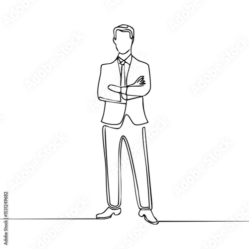 Minimalist one-line drawing of a man standing with arms crossed