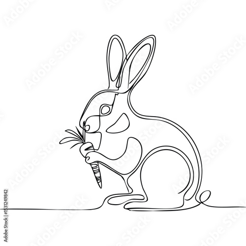 Minimalist one-line drawing of a rabbit nibbling on a carrot, continuous line style, clean