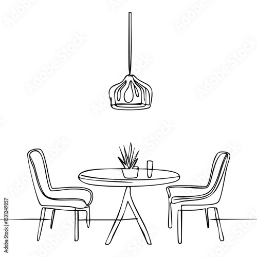 Minimalist one-line drawing of a stylish dining area with a dining table, four chairs