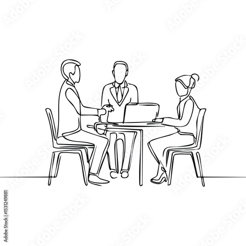 Minimalist one-line drawing of a team of coworkers gathered around a table in discussion