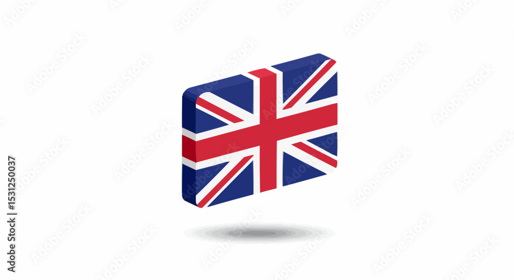 Fototapeta premium A 3D isometric icon or block featuring the Union Jack, the national flag of the United Kingdom, a modern vector graphic symbol isolated on a white background.