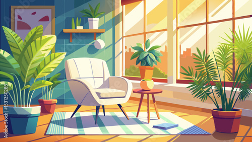 In a bright, roomy living area, a white chair and a potted fern create a cozy vibe. Plants are placed on the floor by the window, enhancing the calm atmosphere of the space.