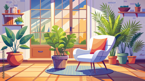 In a bright, roomy living area, a white chair and a potted fern create a cozy vibe. Plants are placed on the floor by the window, enhancing the calm atmosphere of the space.