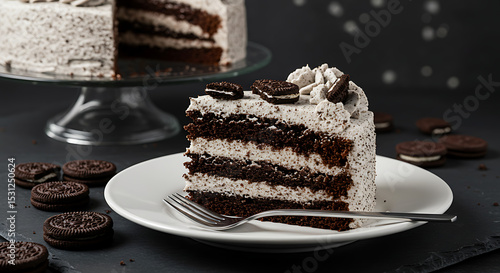 Wallpaper Mural A slice of Oreo cookies and cream cake with layers of chocolate cake and crushed Oreo frosting, served on a white plate with a fork, styled on a slate background with soft modern lighting Torontodigital.ca