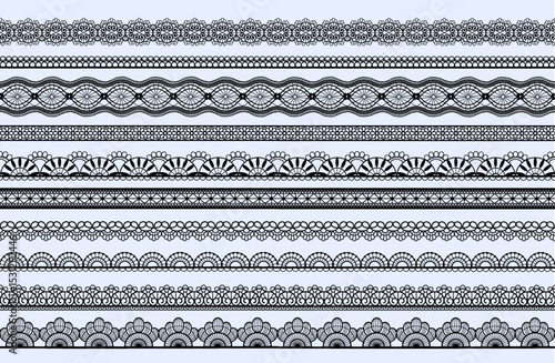 Lace pattern. Black trim border. Fabric texture with simple frame. Geometric jacquard ornament. Mesh embroidery print. Elegant tape. Decorative ribbon lines set. Vector seamless design
