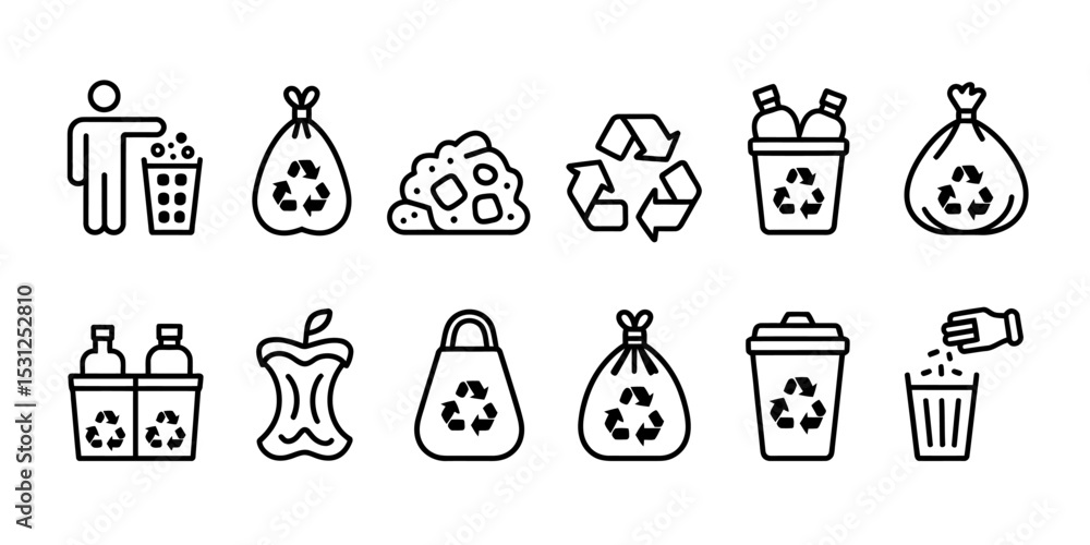 Fototapeta premium A Set of 15 Minimalist Black and White Recycling Icons Adobe Stock