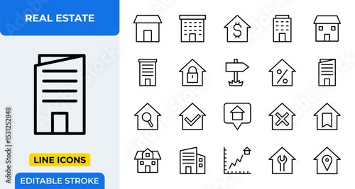 Real Estate Vector Icon Set - Adjustable Line Weight - House, building, property, home, sale, apartment, security, direction, percentage, document, search, check, chat, deny, ribbon, villa, repair