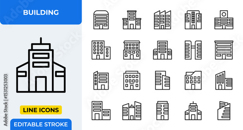 Building Vector Icon Set - Adjustable Line Weight - Skyscraper, apartment, office, residential, commercial, architecture, urban, city, construction, high-rise, modern, property, business, structure