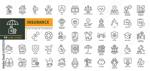Minimalist Insurance line icons set with editable stroke, featuring home, life, protection, secure, insurance law, life vest, money, business, contruction, fire, social, pet. thin linear illustration.